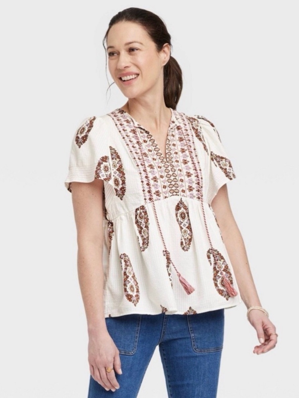Knox Rose White Paisley Pink Brown Floral V Neck Tassle Flutter Sleeve Top Large